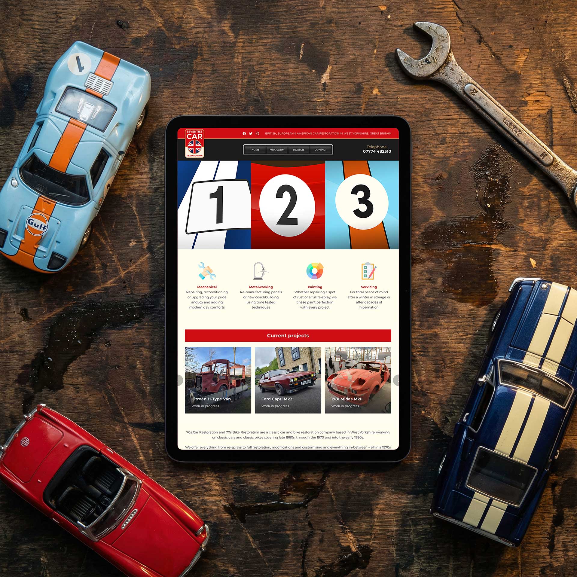 70s Car Restoration website design and brand identity by Buzz Design, West Yorkshire