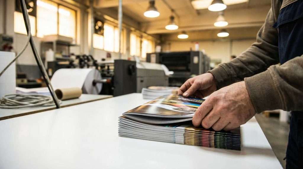 Freshly printed brochures being arranged in a print workshop — the kind of real behind-the-scenes content that performs well on Instagram for business