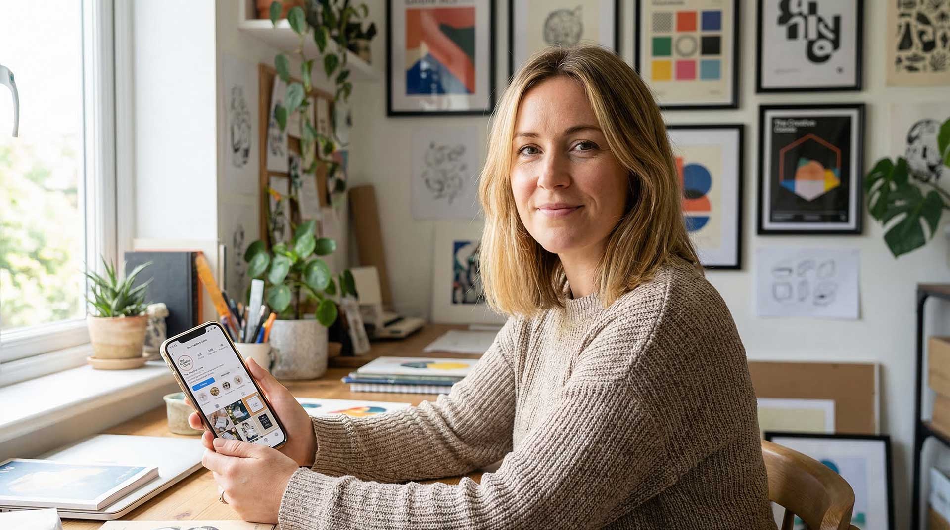 Business owner reviewing Instagram analytics on a smartphone at a creative studio desk