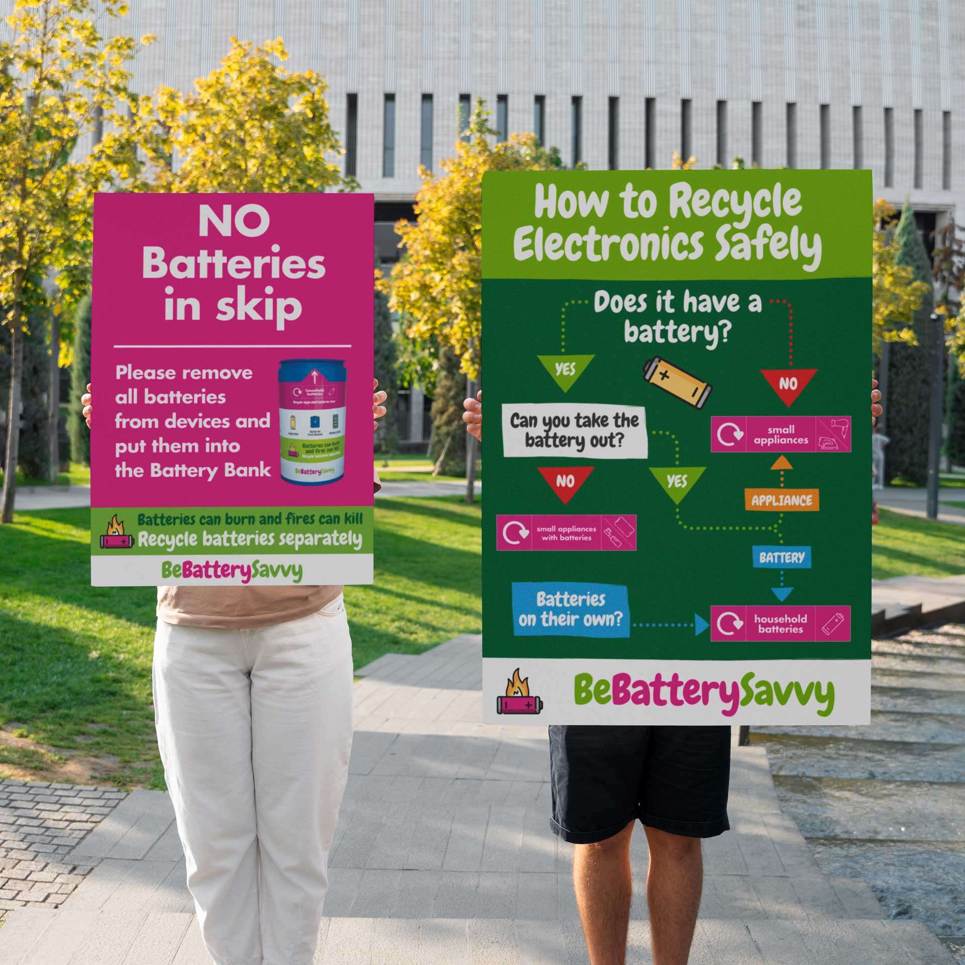 BeBatterySavvy battery recycling awareness campaign signage designed by Buzz Design for Merseyside HWRC