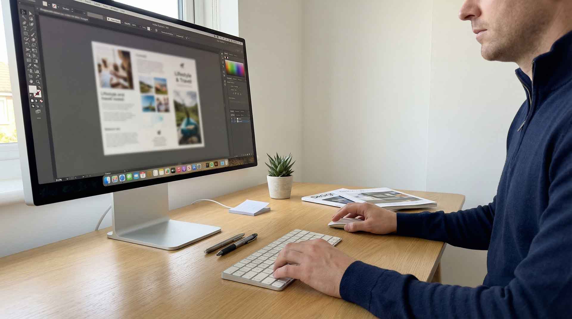 Graphic designer working on a flyer project using an Apple Pro Display XDR at the Buzz Design studio in Liversedge, West Yorkshire