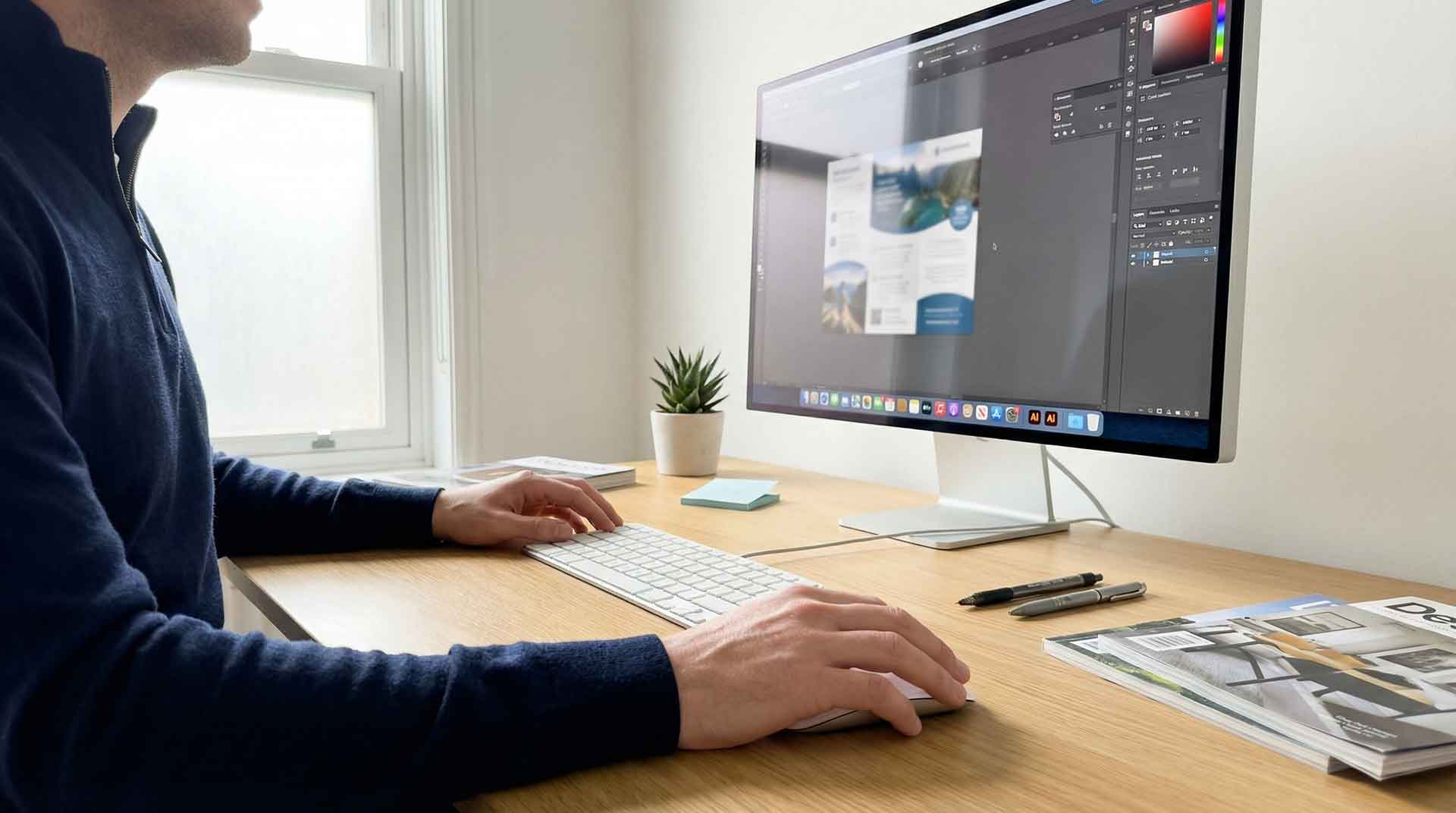 Graphic designer working on a leaflet project using an Apple Pro Display XDR at the Buzz Design studio in Liversedge, West Yorkshire