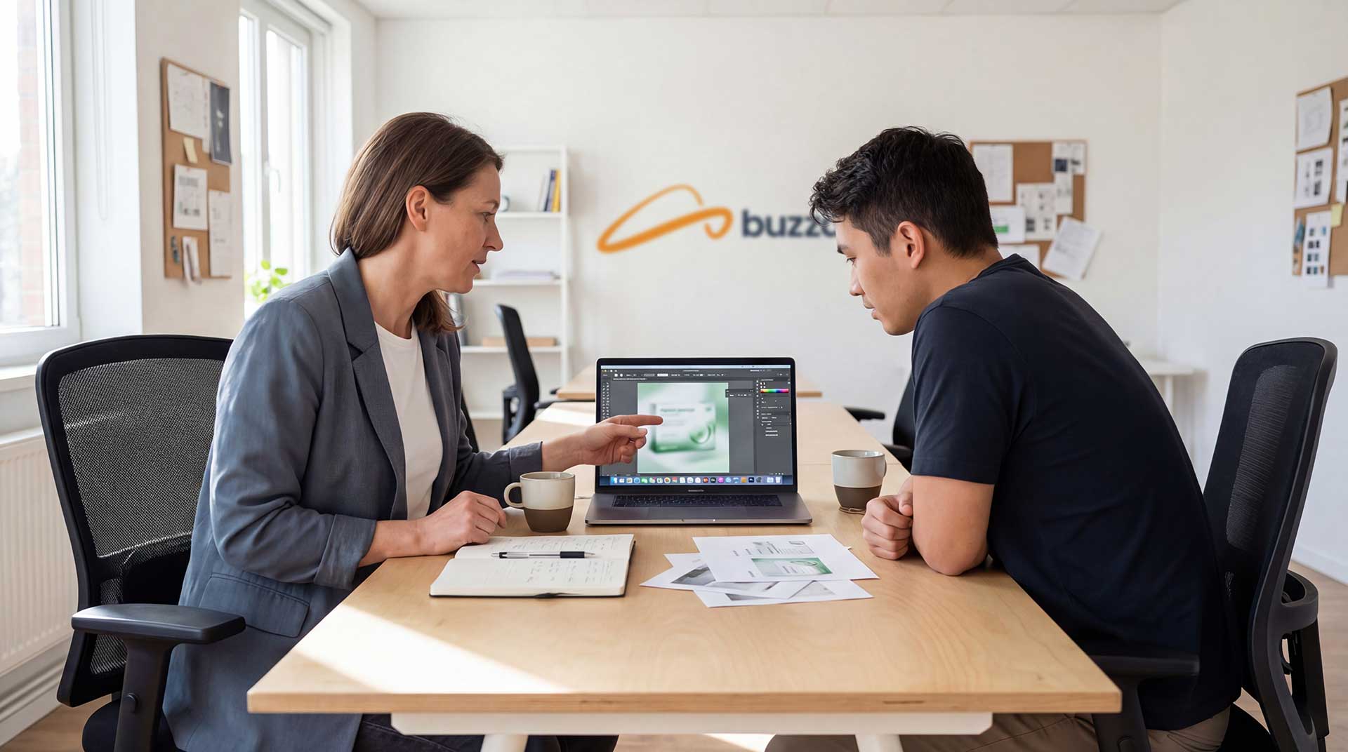 Junior graphic designer meeting with a client at the Buzz Design studio in Liversedge, West Yorkshire