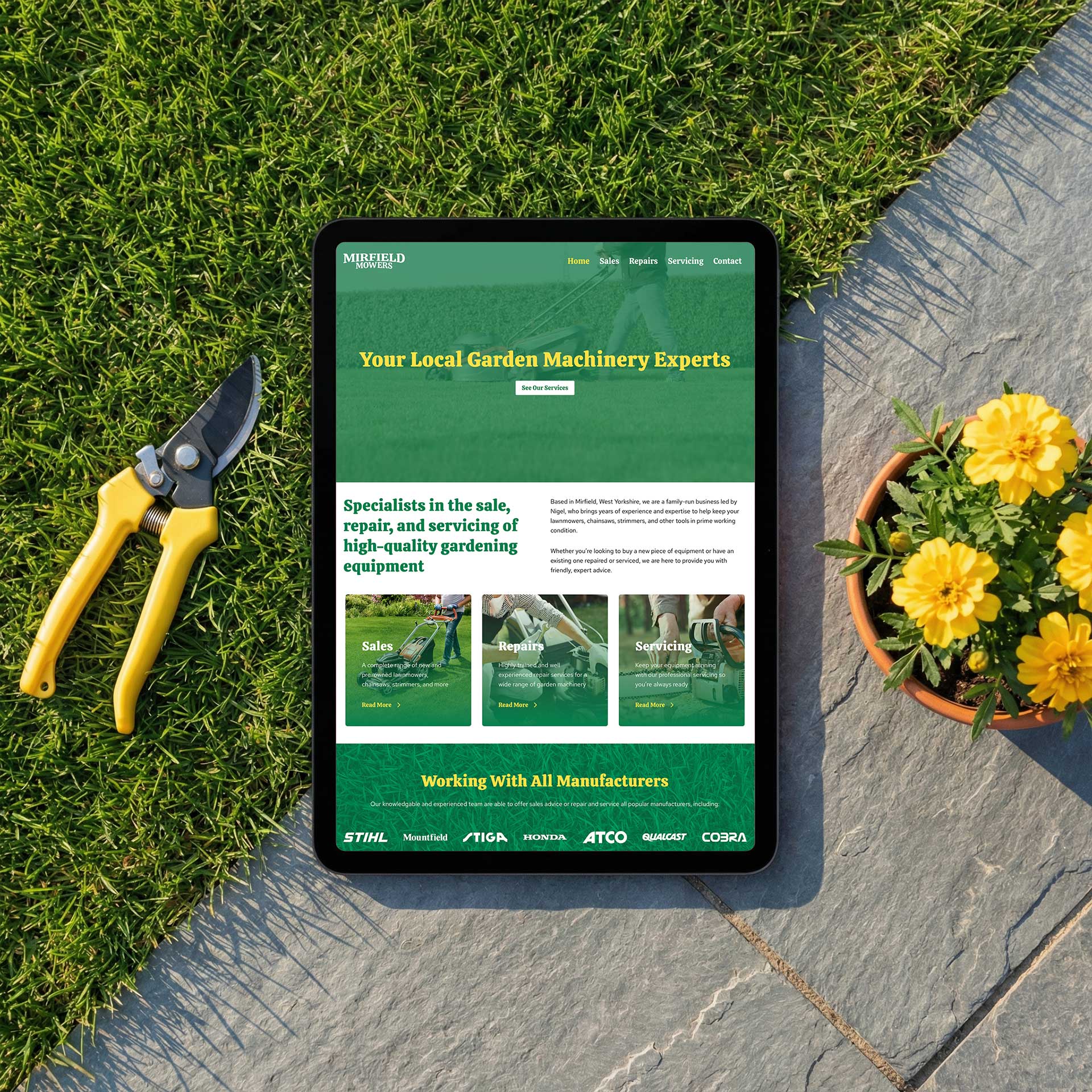 Mirfield Mowers website design and brand identity by Buzz Design, West Yorkshire