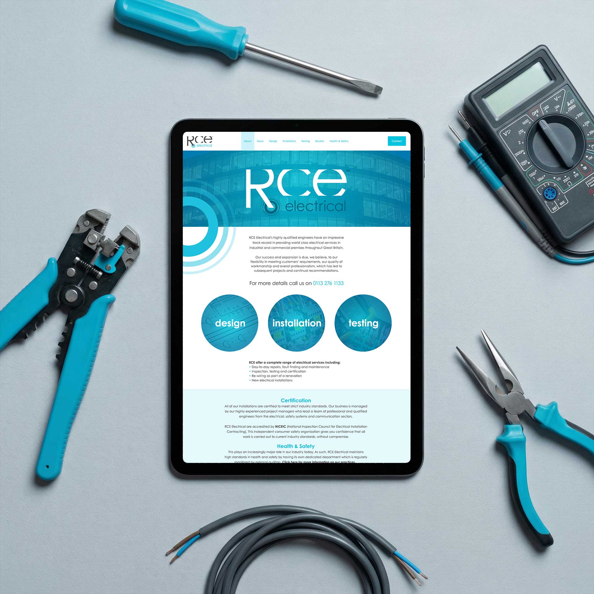 RCE Electrical website design and brand identity by Buzz Design, West Yorkshire