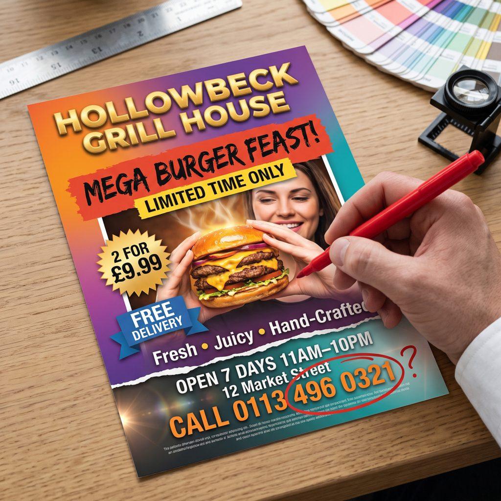 Designer circling the phone number in red pen on a printed takeaway flyer proof
