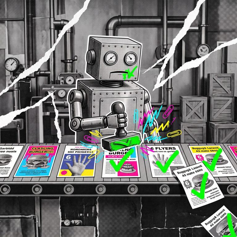 Robot stamping green ticks onto badly designed flyers moving along a factory conveyor belt