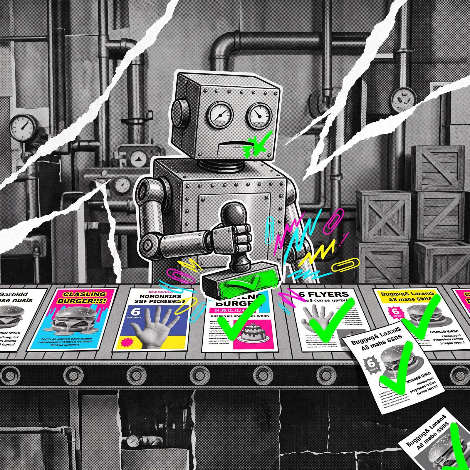 Robot stamping green ticks onto badly designed flyers moving along a factory conveyor belt